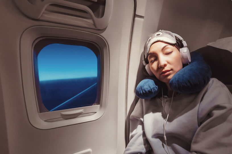 sleeping with mask and noise cancellation head phones 